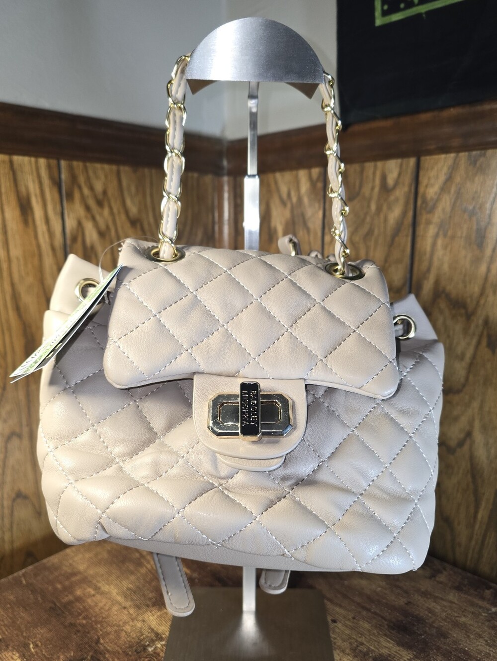 Badgley Mischka Micro Mini Taupe Quilted Backpack
